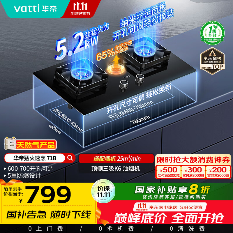 华帝（VATTI）国家补贴20%燃气灶天然气灶嵌入式台式一级能效5.2kW猛火煤气炉双灶台灶具i10071B【天然气产品