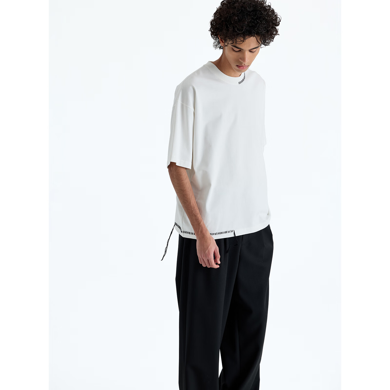 NANS STUDIO 300G新疆长绒棉手工缝线流苏设计窄圆领廓形短袖TEE NS9A11 FAWN / 沙驼 预售 S