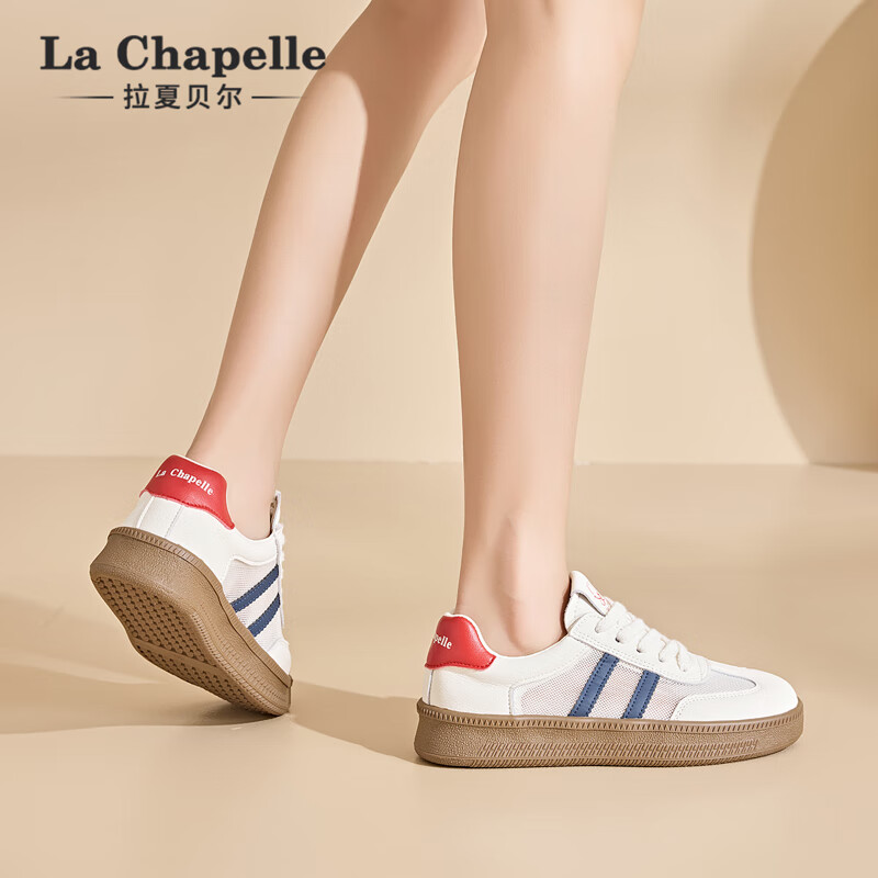 拉夏贝尔女鞋徳训鞋女网面透气小白鞋低帮厚底轻便简约休闲徳训鞋子女 蓝红 37