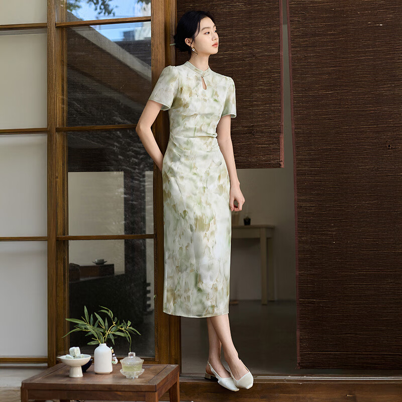 香影（xiangying）新中式改良旗袍連衣裙女裝2025夏季新款盤(pán)扣長(zhǎng)裙國(guó)風(fēng)裙子 綠花 S
