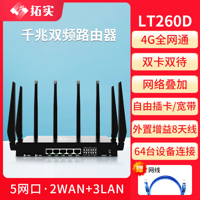 拓实4g5g无线家用路由器全屋WiFi5G双频插卡路由器千兆穿墙王全网通移动随身wifi信号放大器 LT260D 双卡双WAN双频千兆网口