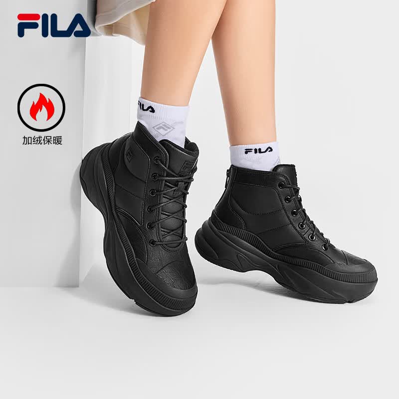 斐乐（FILA）官方女鞋加绒老爹鞋运动鞋中帮保暖厚底靴 黑-BK 38
