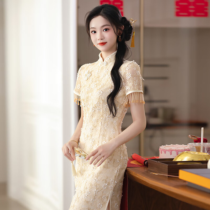 泰勒馬丁香檳色新娘旗袍敬酒服2025新款新中式結(jié)婚訂婚領(lǐng)證登記婚禮服 QP02 2XL