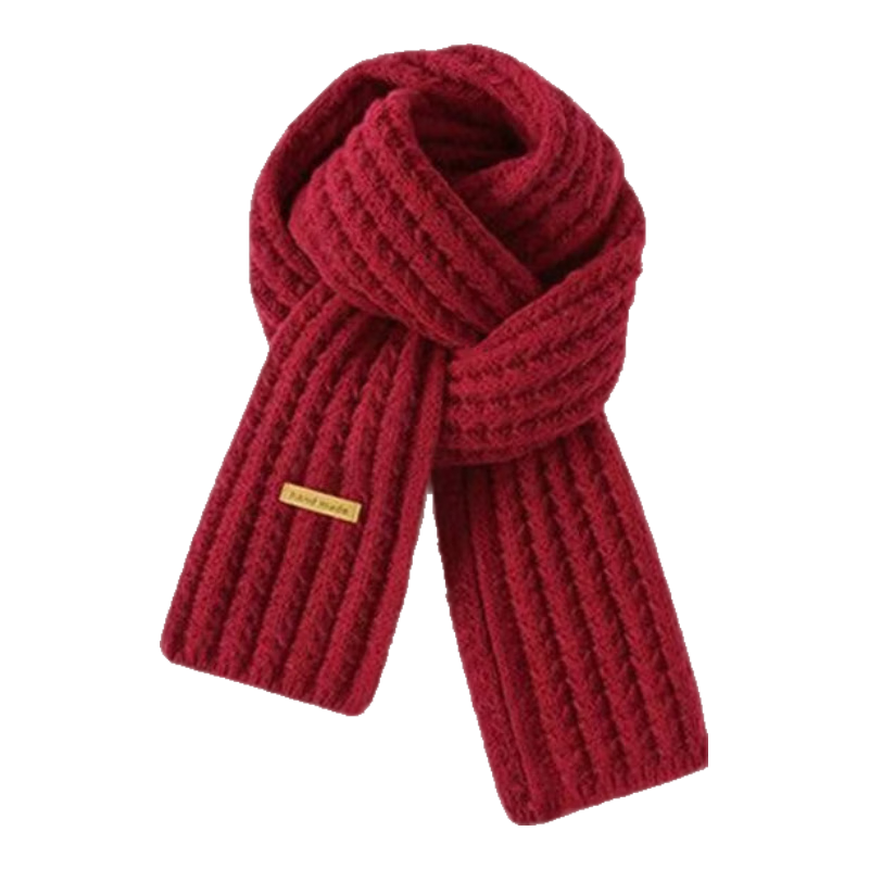 百搭韩版针织毛线红色围巾女2024圣诞冬季高级感新年礼物情侣围脖 针织围巾-酒红色-1个装-保暖 1