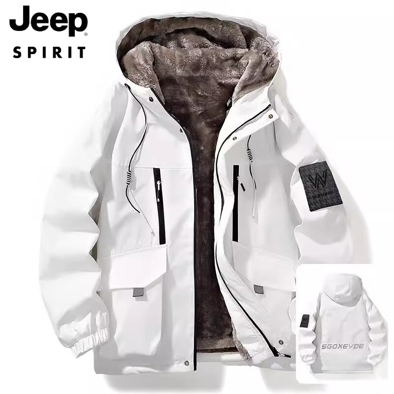 JEEP SPIRIT冬季外套男加绒加厚潮牌夹克男连帽宽松保暖棉服袄子男款派克服 D209白色【里绒升级抗寒保暖】 M 约80-100斤可穿