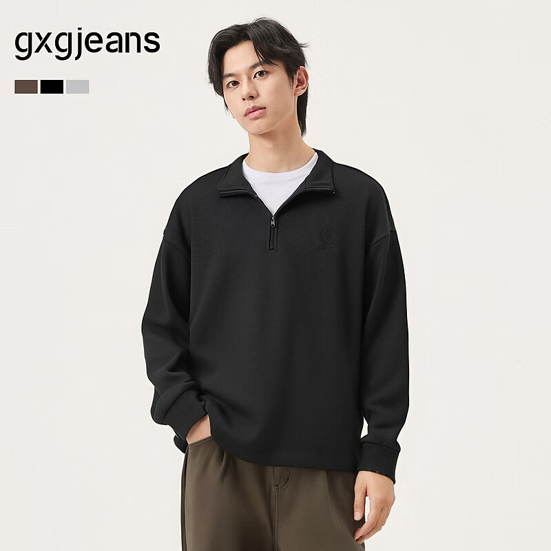 gxgjeans男装 多色小标刺绣简约休闲宽松立领半开襟卫衣25秋新品 黑色 L (175)
