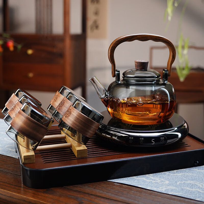 全度耐热玻璃煮茶壶套茶具整套高档家用办公煮茶器套装电陶炉围炉煮茶 木影壶鼓韵煮茶器套装 10件