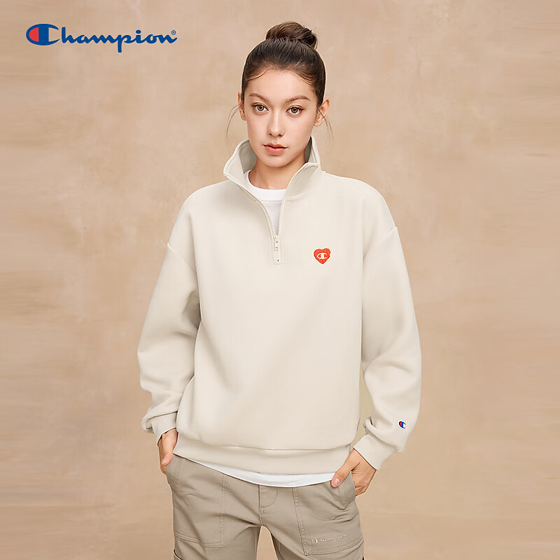 Champion冠军半拉链卫衣女2025秋季新款空气层爱心logo立领休闲潮 浅驼色 M