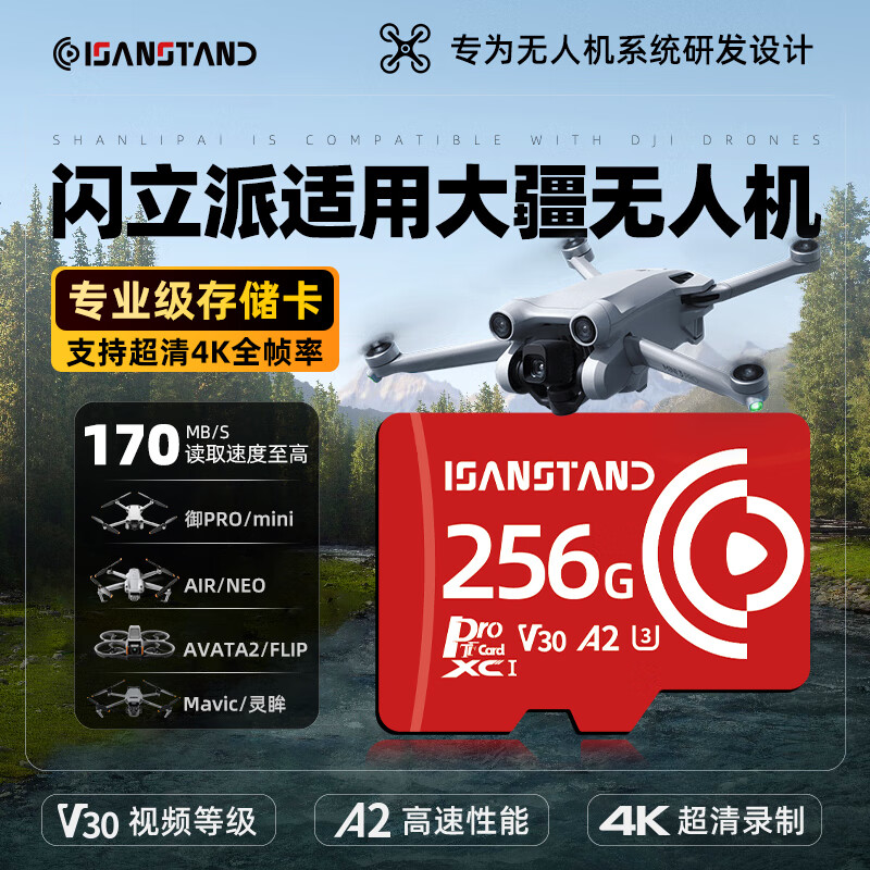 ISANSTAN存储卡适用于大疆无人机内存卡mini3/mavic2/Mini4 Pro/Flip/Avata 2高速V30高清4k microSD卡 EX【256G】适配大疆无人机专用内存卡