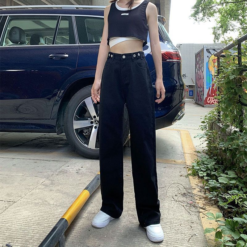 燠阳多扣可调牛仔裤女高腰显瘦学生百搭宽松直筒韩版垂感阔腿裤子DM 1003浅蓝色 M 【93-105斤】