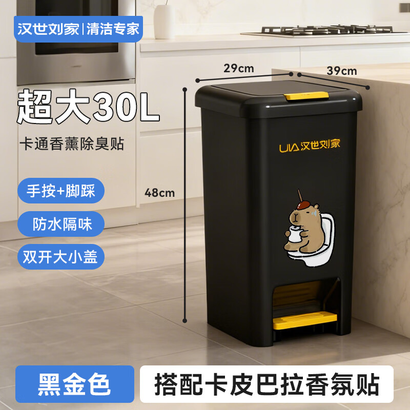 汉世刘家垃圾桶家用2025新款厕所卫生间带盖厨房客厅脚踩大号大容量双开盖 【卡比巴拉】超大号30L【手按+脚踏】