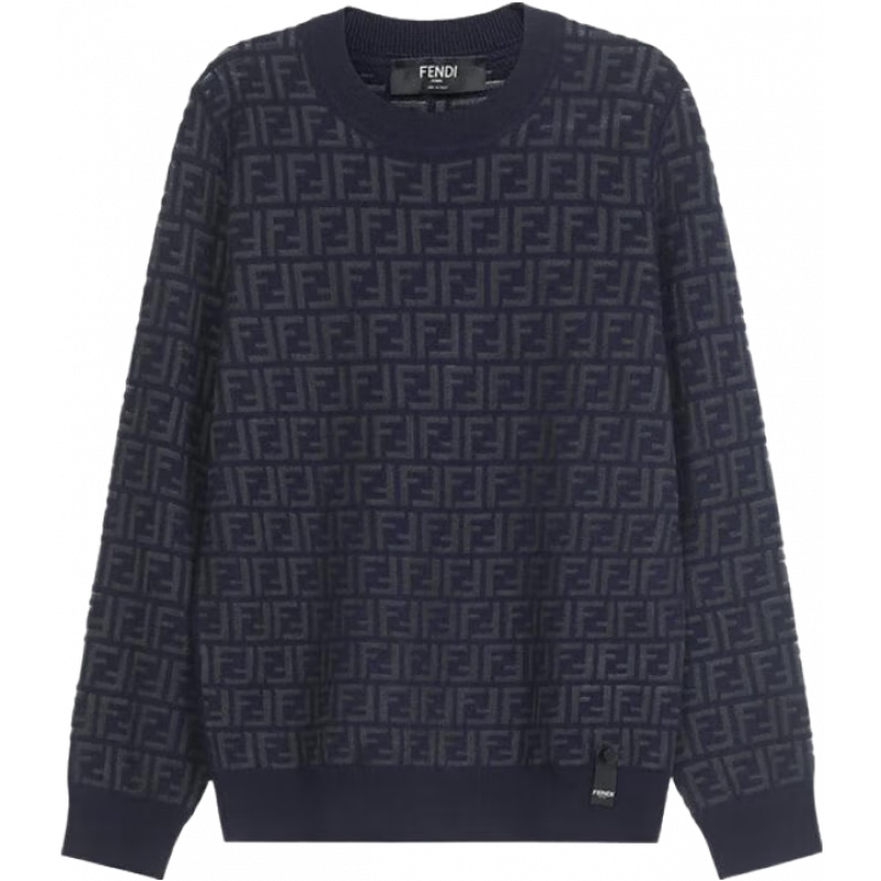芬迪（FENDI）新品 男士綿羊毛圓領(lǐng)長(cháng)袖羊毛衫針織衫套頭衫男裝 FZY063 AAUQ F03LQ 藍色FF嵌花 52 /xl