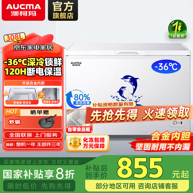 澳柯玛（AUCMA）308升低霜卧式商用家用冰柜 商用大容量冷藏柜大冷冻柜 家用冰箱雪糕柜大冷柜一级能效 BC/BD-308HNE 308L