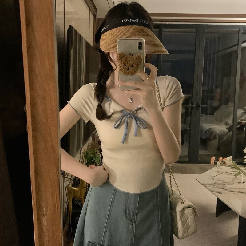 芳透大码微胖不规则短袖t恤女夏季休闲小众体恤胖MM遮肉显瘦两件套 上衣 L 【100-120斤】