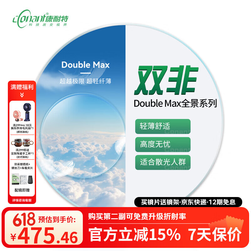 康耐特（CONANT）1.74超薄近視眼鏡片可配眼鏡框男雙非 DoubleMax全景雙非球面系列 來架加工 1.67全景雙面非球防藍光鏡片