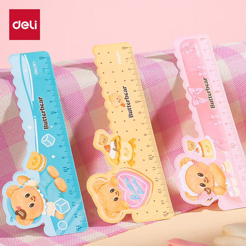 得力（deli）文创小礼品IP直尺片材刻度尺子挂件尺 清晰萌趣图案开学必备学生文具 【黄油小熊】片材尺（混）HY125
