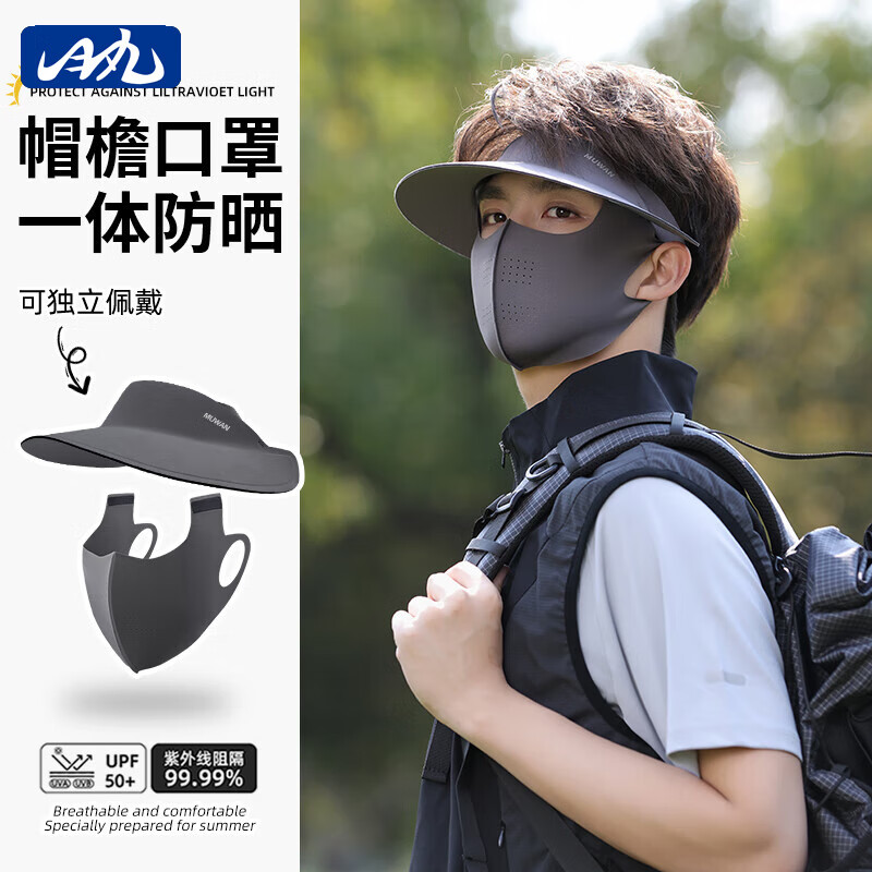 目丸遮全脸防晒面罩女防紫外线冰丝口罩脸基尼骑行男遮阳帽子一体夏季 深黛灰—全脸短款（礼盒二合一）