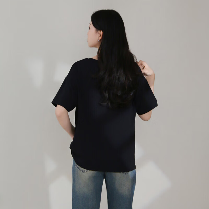 芬腾简约白色休闲基础款短袖T恤女款夏季慵懒风宽松百搭显瘦套头上衣 黑色 M 建议：90-110斤