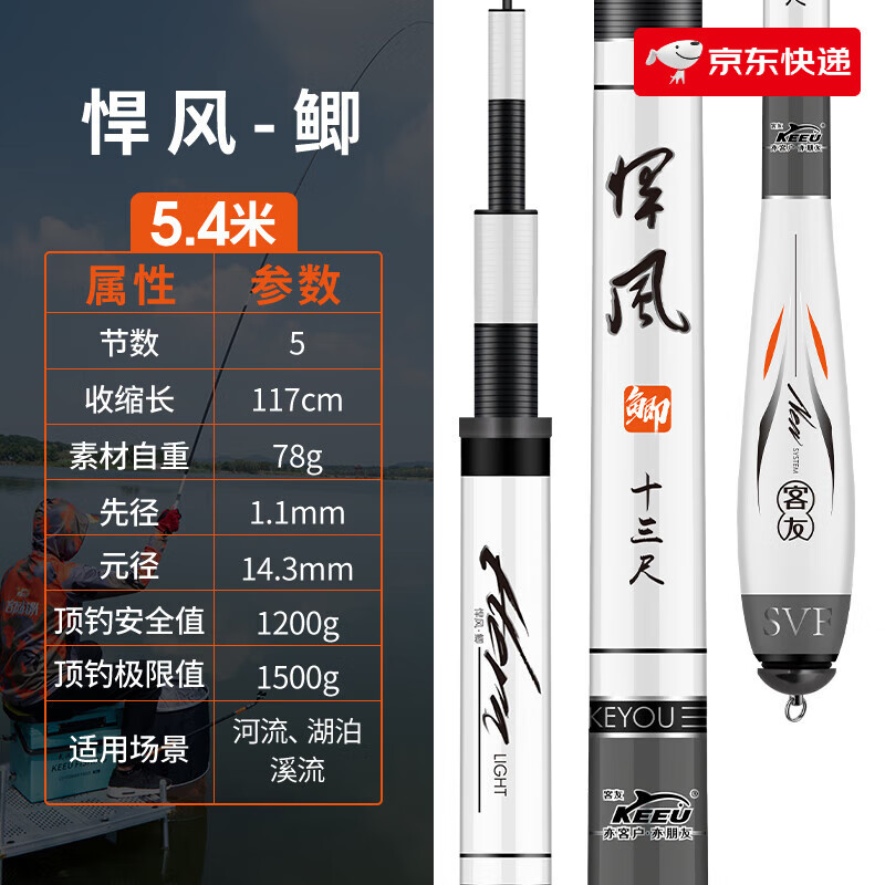 客友釣具悍風(fēng)鯽魚竿超輕細(xì)硬37調(diào)碳素新款 5.4m 【米數(shù)】