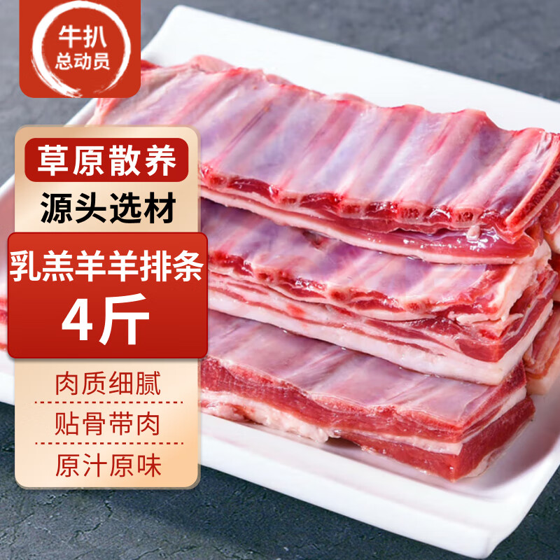 牛扒总动员草原羔羊肉 原切羊排条新鲜羊肋排生鲜烧烤食材 羔羊排条 羊排条4斤