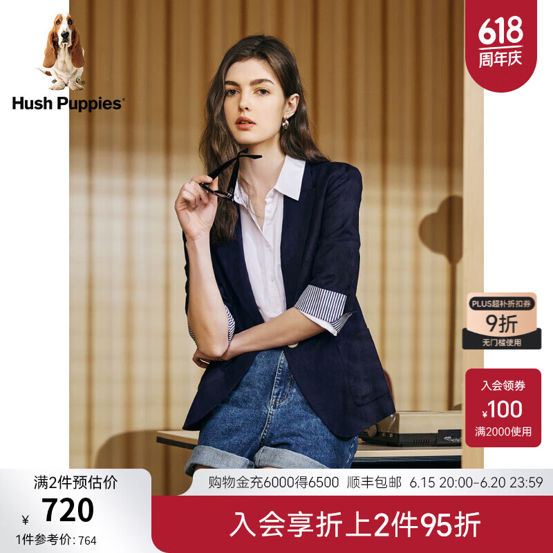 Hush Puppies暇步士女裝春新款干練通勤七分袖經(jīng)典簡(jiǎn)約一?？坌奚砦餮b外套 196深藍(lán) M