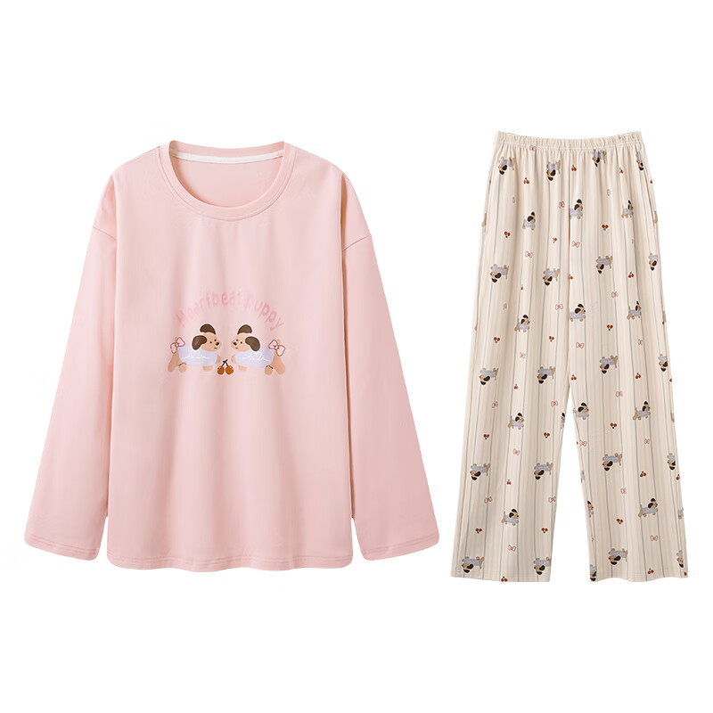 芬腾睡衣女【100%纯棉】秋冬新款圆领长袖卡通睡衣女家居服套装女神节 粉色 XL