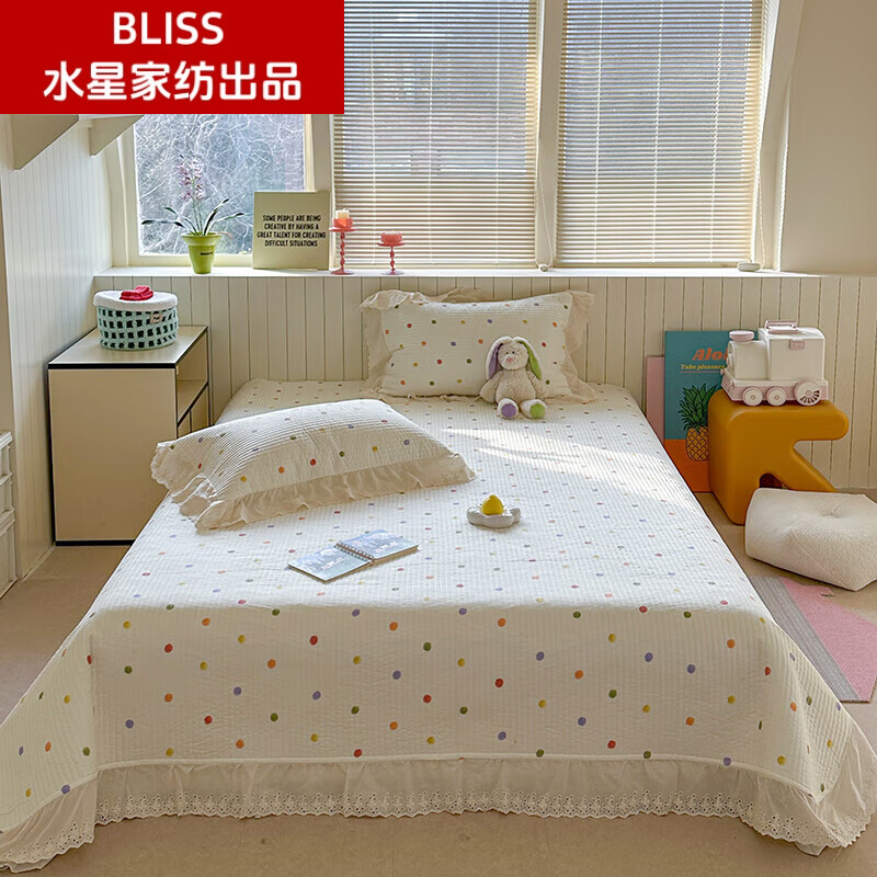 BLISS水星家纺出品全棉双层纱法式花边床盖三件套纯棉榻榻米被套床单可 夕颜若雪 200cm*230cm 单床盖