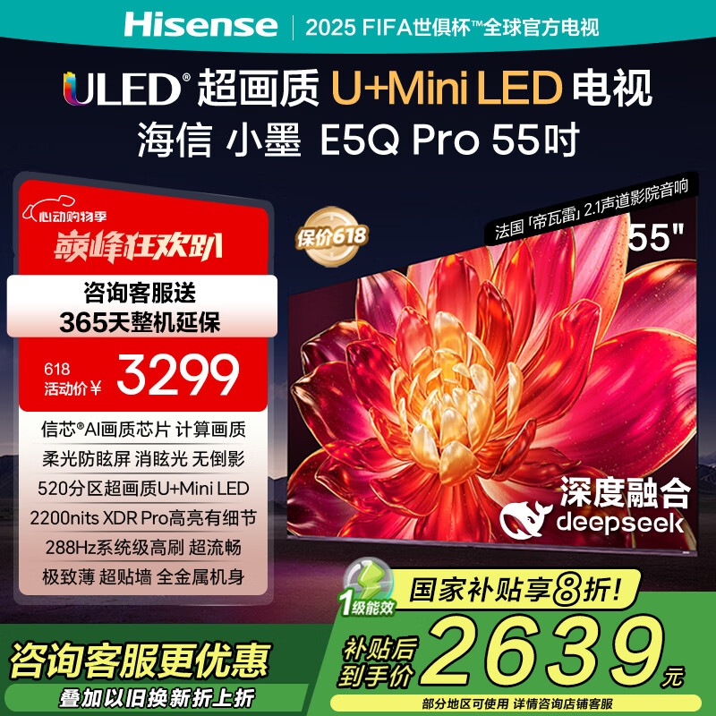 海信电视小墨E5Q Pro 55英寸 超画质U+Mini LED 信芯芯片 柔光防眩屏 288Hz高刷 E5NPRO升级 国家补贴 55英寸