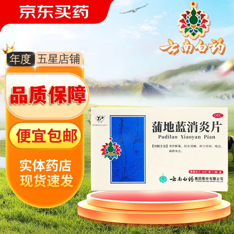 云南白药 蒲地蓝消炎片0.3g*24片*2板清热解毒抗炎消肿疖肿咽炎扁桃腺炎 1盒装
