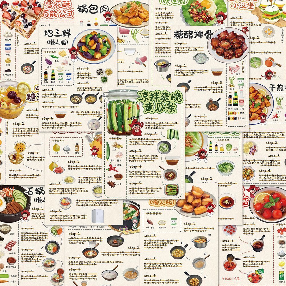 【超大张】144张懒人食谱贴纸美食教程下饭菜菜谱厨房小白贴 【全新升级尺寸超清印刷】懒人食谱 活动中：144张【三套一样】 收纳盒