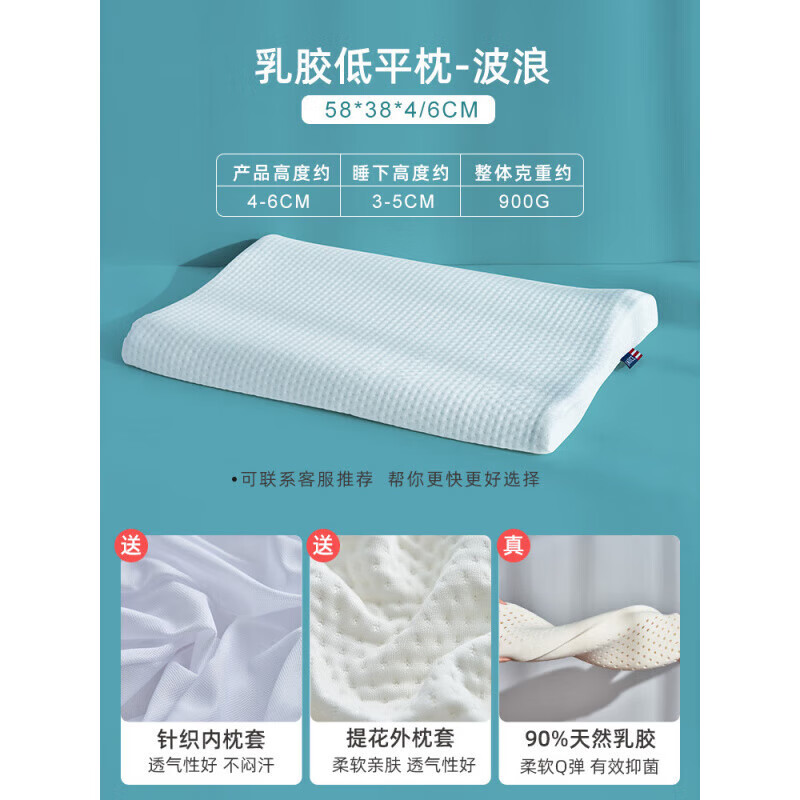 佳麗斯（Jialisi）天然乳膠枕頭護頸椎助睡眠專用單人橡膠枕芯學生護頸枕 乳膠低平枕_波浪_58*38*4/6