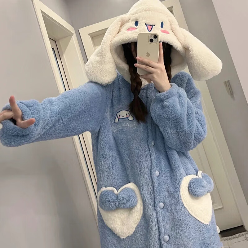 诗莉奥(SHILIAO)加厚睡袍卡通长款可外穿家居服睡衣女冬季睡袍加厚冬天可爱浴袍 蓝鸭睡袍 均码 (建议80-160斤)