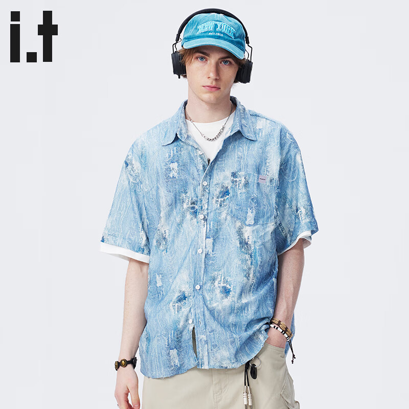:CHOCOOLATE it短袖衬衫男2025夏季新款美式花衬衫宽松休闲情侣款上衣 蓝色 XL 【建议130斤-150斤】