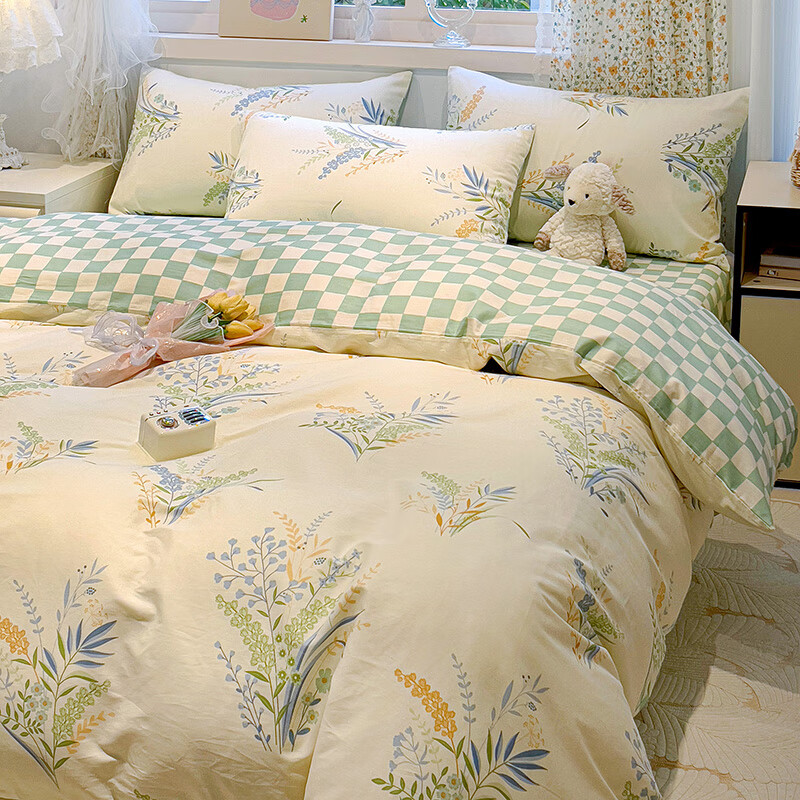 索隆全棉斜纹新疆棉活性印花高密纯棉清新床单床上四件套 香草.Sx 1.8m 床单款 (被套200*230cm) 套件