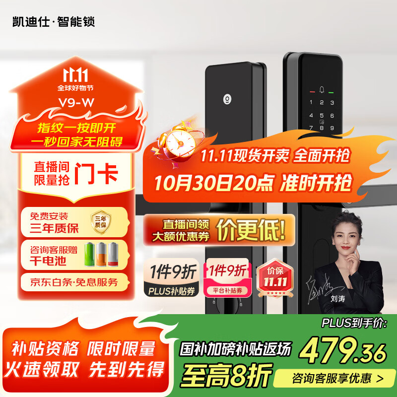 凯迪仕（kaadas）智能门锁 指纹识别 防盗门锁密码锁 入户门电子智能锁 V9-W