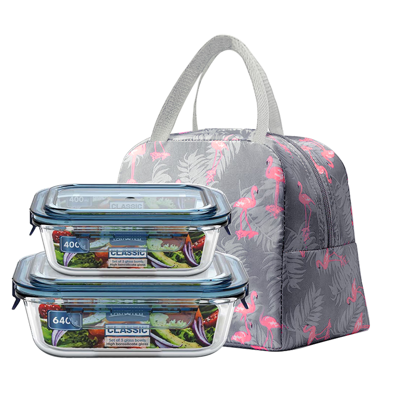 乐唯诗（NERVISHI） 高硼玻璃保鲜饭盒可微波炉加热专用餐盒格保鲜保温分隔型冰箱 一体盖【中小】640+400ml+包