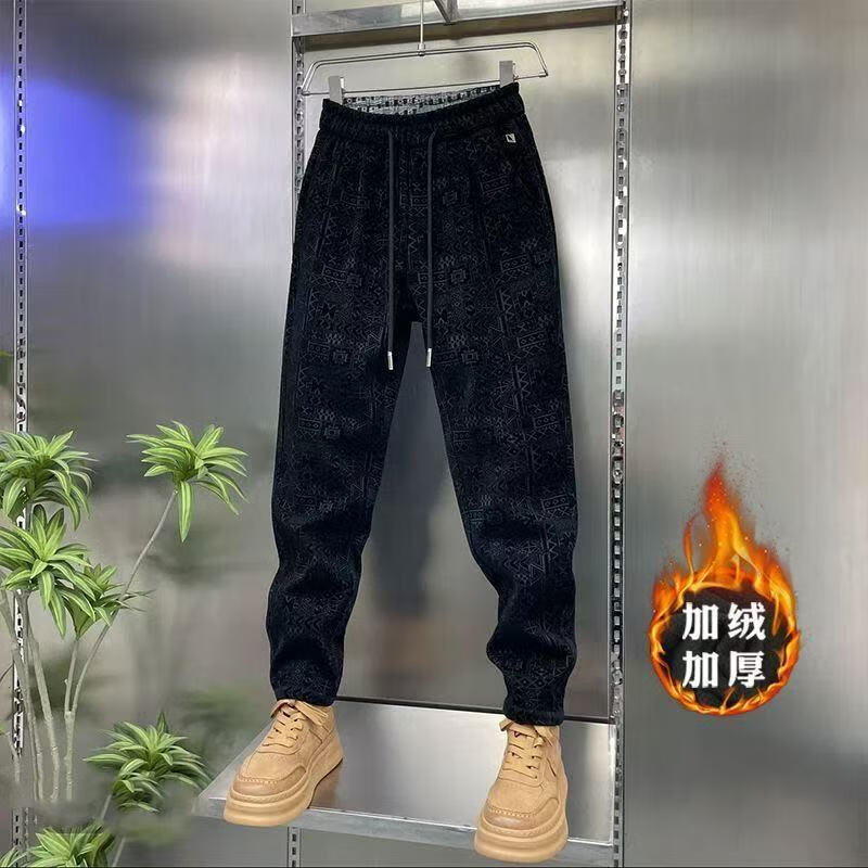 秋冬新款男裤时尚净版垂感舒适直筒保暖舒适CGf高奢植绒休闲裤jd 黑色加绒 32 建议135-145斤