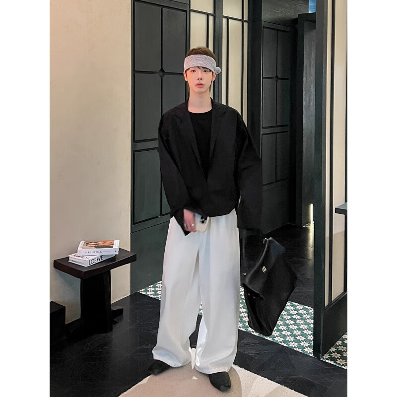 星禾莱假两件立领白色长袖衬衫男美式痞帅衬衣秋季潮牌设计感宽松叠穿 黑色 XL 130-150斤