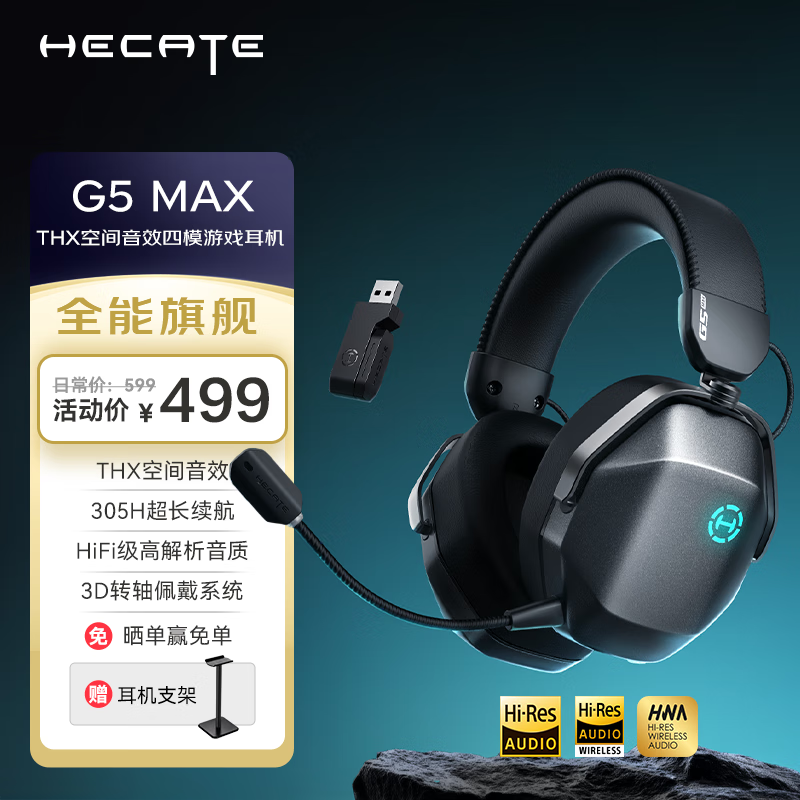 漫步者（EDIFIER）HECATE G5 MAX无线版 2.4G有线蓝牙四模THX音效头戴式耳机电竞游戏电脑无线专用三角洲FPS吃鸡灰色