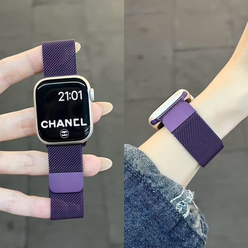 适用苹果手表s10表带iwatchs9金属磁吸运动applewatch8夏 常规米兰磁吸金紫色 适用42mm表盘【1/2/3代】