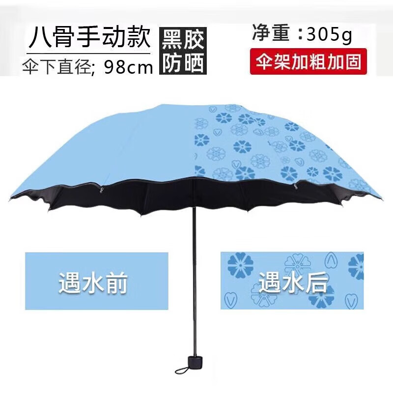 【好物优选】遇水开花晴雨伞两用折叠黑胶遮阳防晒太阳伞女生双层 手动开花伞-蓝色 八骨