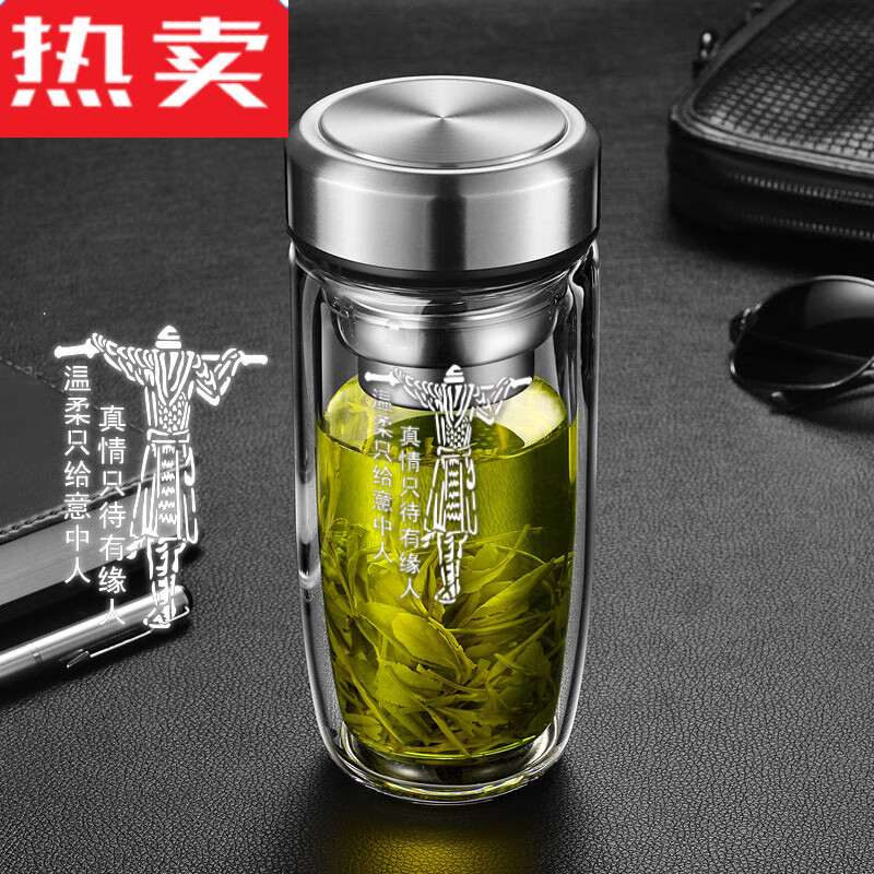 Count Qiabei日本进口品质不易摔不烂的玻璃茶杯耐高温双层钢化保温杯水杯防摔 弧度400ml钢本色【0009有缘人】 高硼硅玻璃