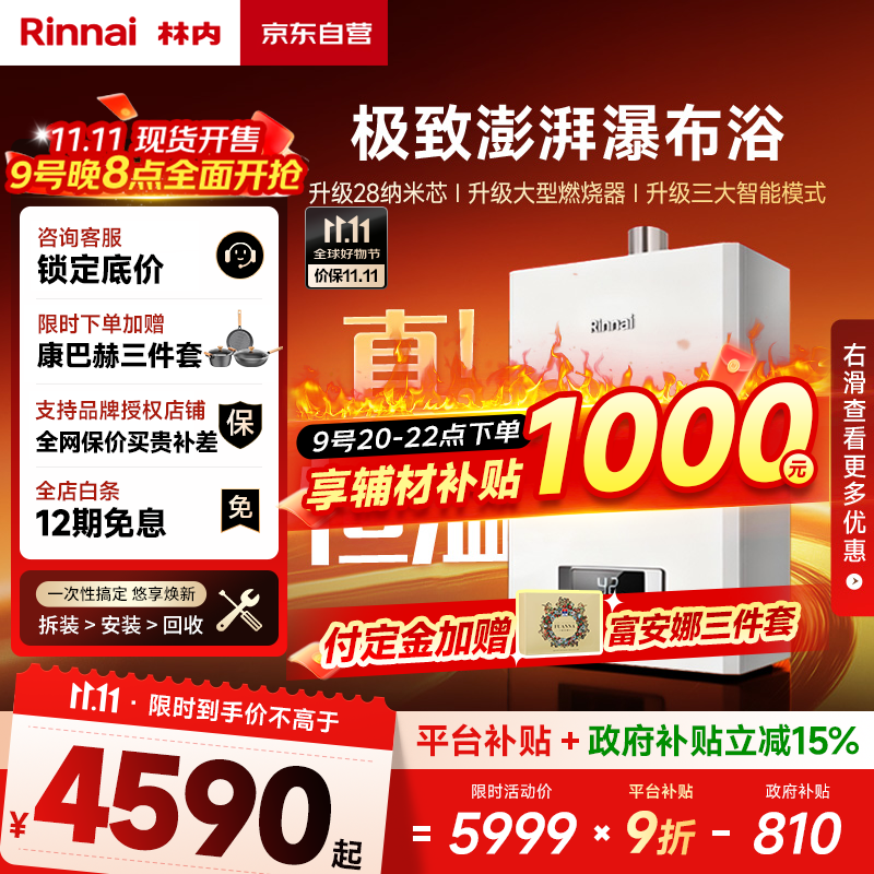 林内（Rinnai）【鲸吨吨白鲸】24升大升数燃气热水器【家电国家补贴15%】全新升级CPU 24GD31（JSQ47-GD31）