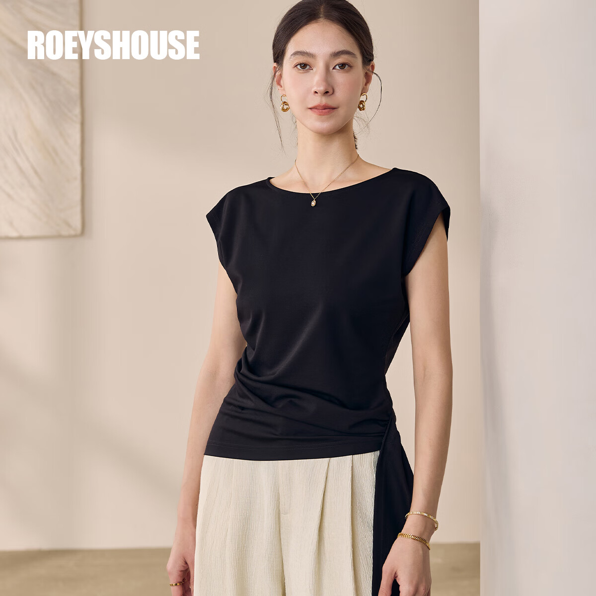 ROEYSHOUSE罗衣气质时尚黑色T恤女2025夏季新款简约通勤设计感针织上衣12155 黑色 M
