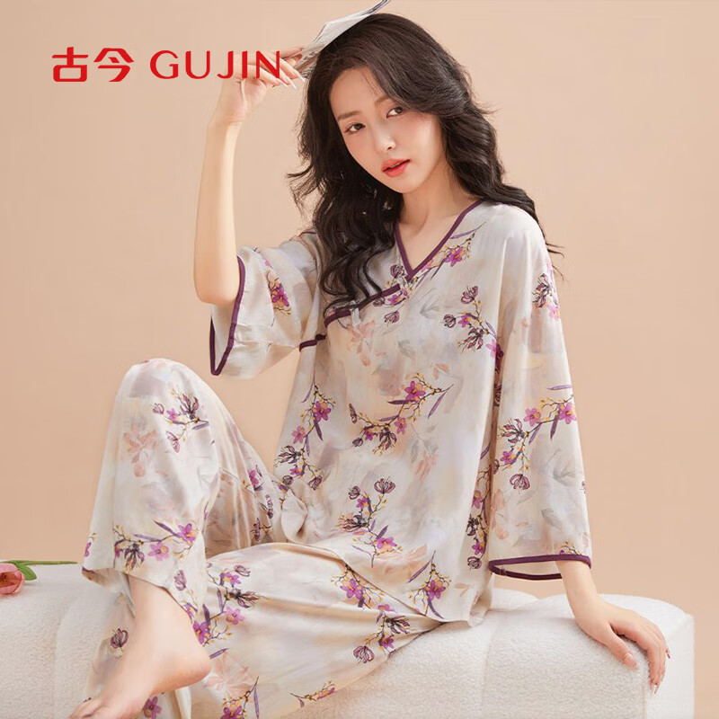 古今（GUJIN）中式国风七分袖睡衣女夏新品绵绸睡裤盘扣家居服大码轻薄套装XL