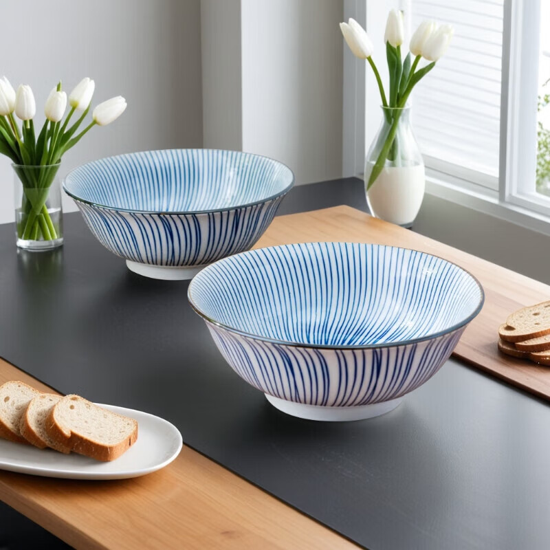 美浓烧（Mino Yaki）日本进口陶瓷餐具8英寸蓝十草汤碗复古釉下彩2件套