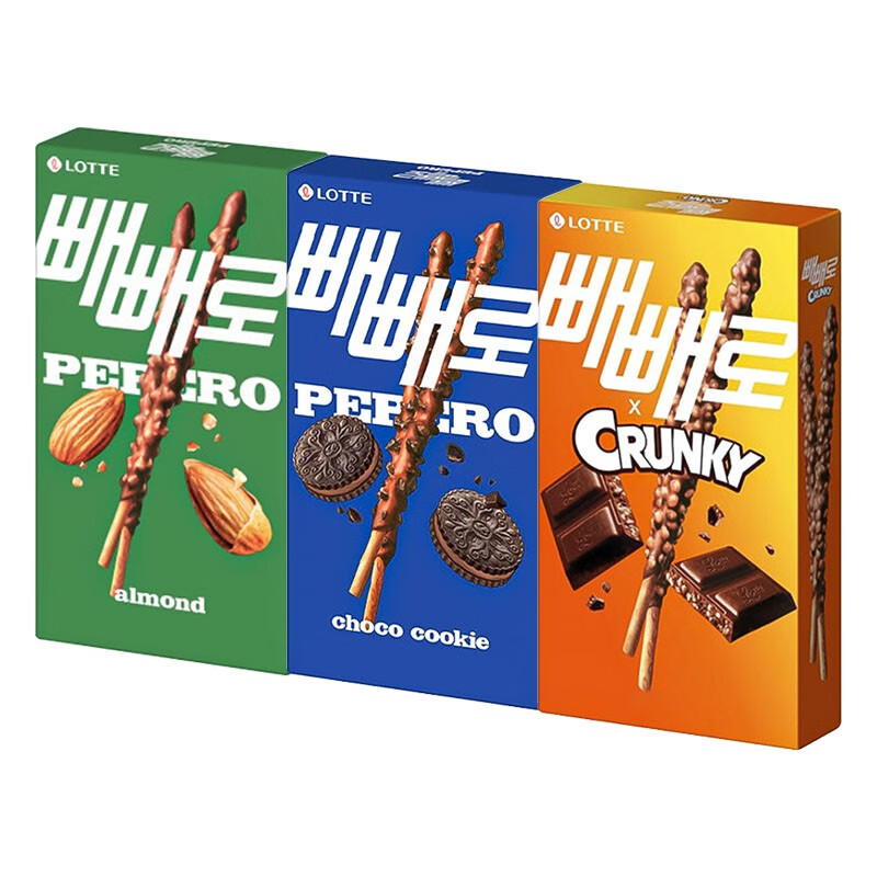 乐天 （LOTTE） 韩国进口pepero派派乐饼干棒涂层巧克力味装饰饼干休闲小零食 扁桃仁巧1+曲奇颗粒味1+脆米味1