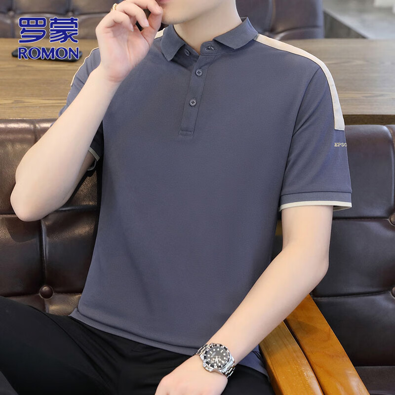 罗蒙（ROMON）短袖t恤男士polo衫男款夏季拼色休闲翻领商务上衣男装 灰蓝 XL