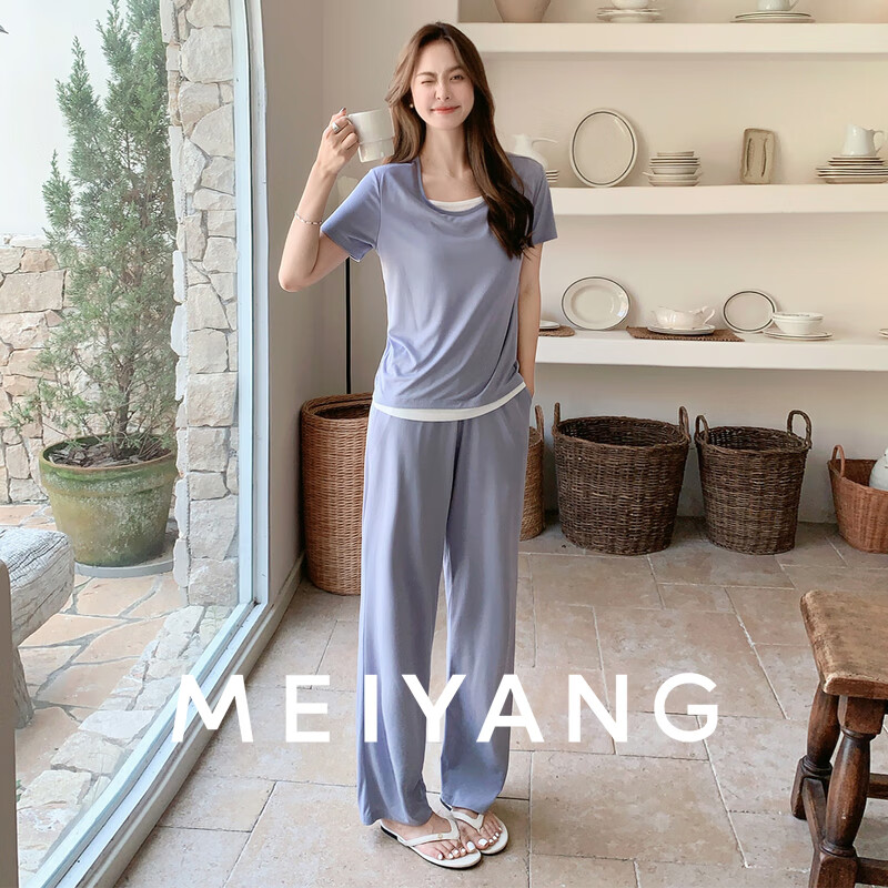 美洋（MEIYANG）爽肤家居服两件套 带胸垫凉感假两件短袖长裤 紫色 M