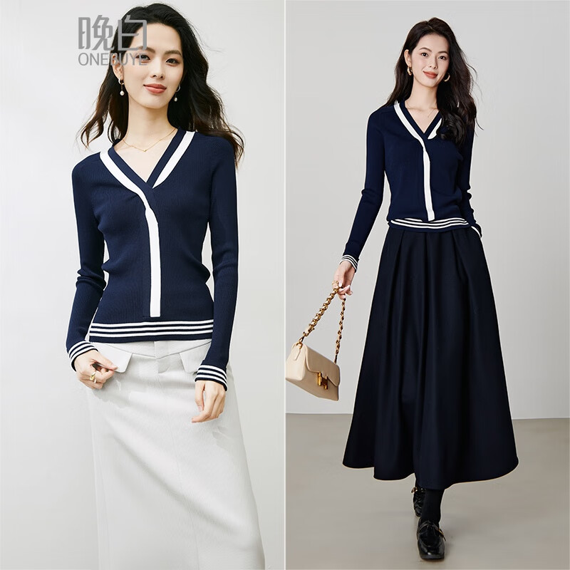晚白【断码清仓】洋气撞色V领针织衫女航海系穿搭显瘦百搭上衣 深蓝色 M